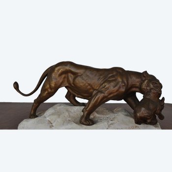 Bronze Animalier De Masson Panthère Sur Marbre