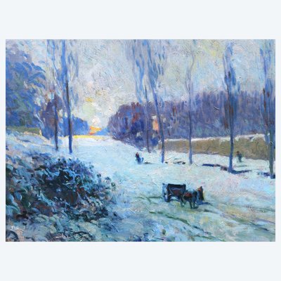 Louis FORTUNEY, Lively Landscape on the Road to Louveciennes in Winter, Impressionist Painting