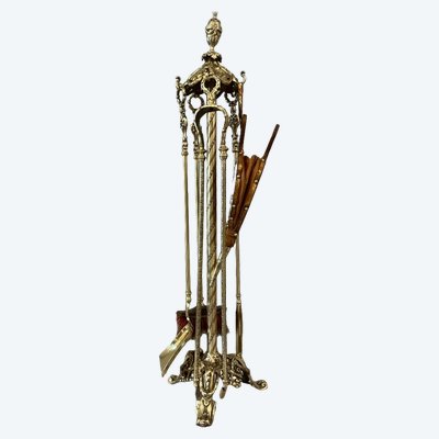 Set di 5 pezzi per caminetto antico del XIX secolo in bronzo e ottone.