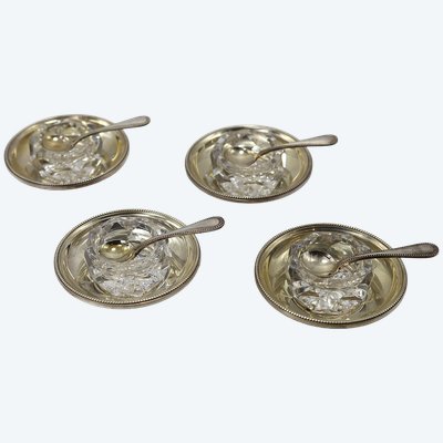 Christofle 20th century, Set of 4 complete salt cellars in crystal and silver-plated metal.