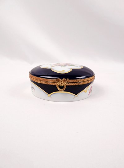 Bonbonnière Bleu de four Artoria Limoges France monture en bronze doré années 1980