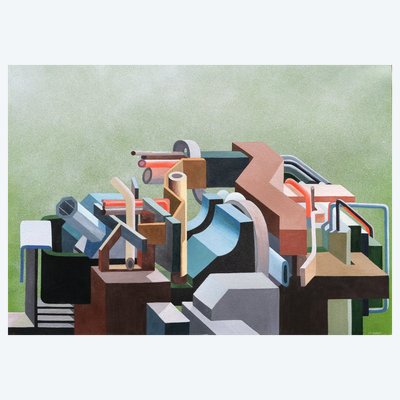 Jean-François TURBOT, City (futuristic composition on a green background), modern art drawing