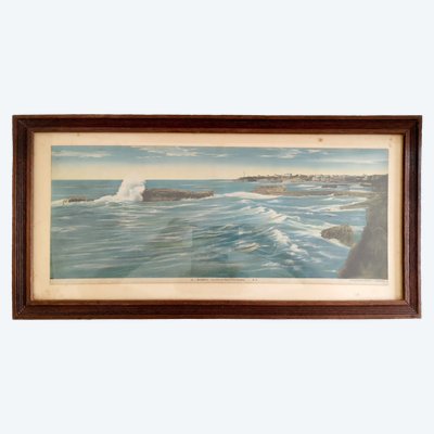 Biarritz, circa 1930, una bellissima incisione incorniciata che raffigura la costa con il faro e gli scogli.