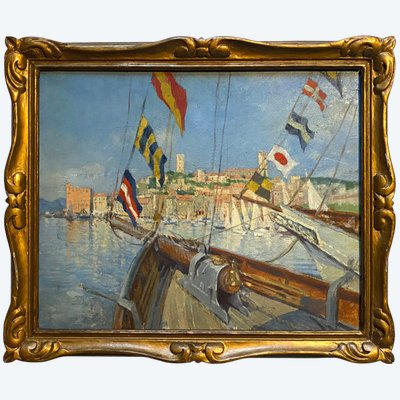 Marina. “Navi con bandiere. Porto di Cannes”. Olio su cartone, incorniciato. Scuola francese, inizio XX secolo.