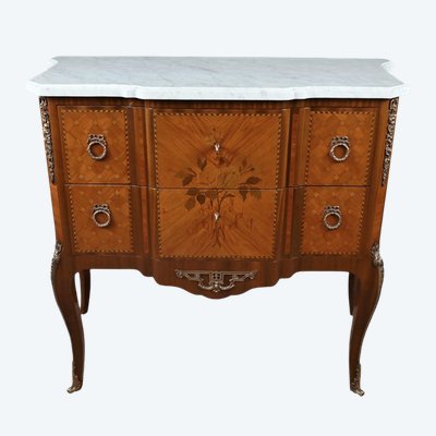 Commode Sauteuse en Marqueterie, style Transition Louis XV Louis XVI - Milieu XXe