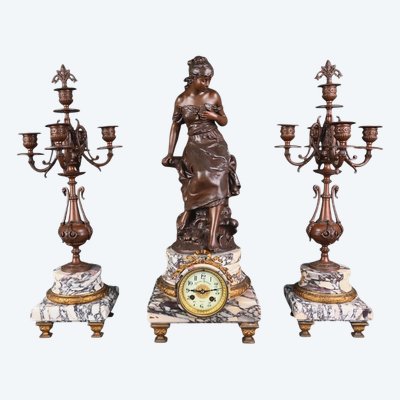 Garniture de Cheminée en Marbre, Régule signé A. Moreau - Début XXe
