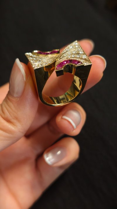 18k Yellow Gold, Diamond, and Ruby Tank Ring, 1980s–1990s