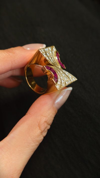 18k Yellow Gold, Diamond, and Ruby Tank Ring, 1980s–1990s