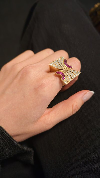 18k Yellow Gold, Diamond, and Ruby Tank Ring, 1980s–1990s