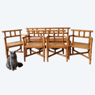 Ensemble en Rotin, bambou et Cannage – Banc et 4 Fauteuils (c. 1960)
