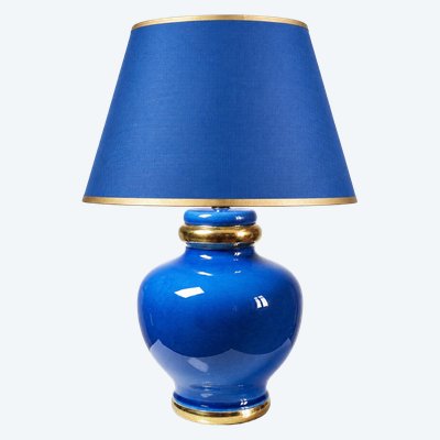 Lampe vintage Att. Le Dauphin céramique bleu turquoise et or, années 1960-1970