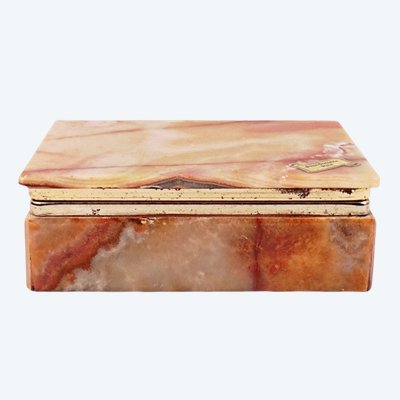 Vintage 1960s beige and red onyx jewelry box with a gilt brass mount