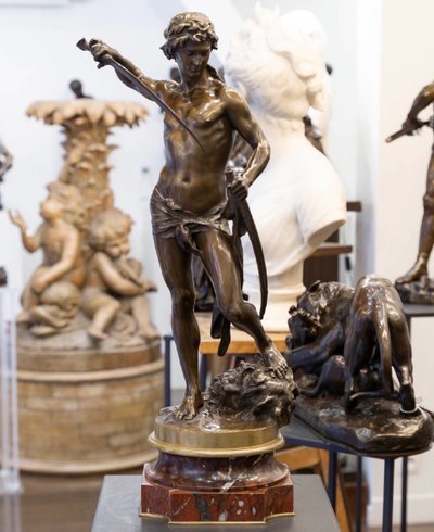 SCULPTURE - DAVID DEFEATING GOLIATH , LOUIS GOSSIN (1846–1928) - BRONZE 