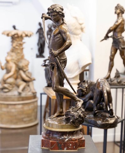 SCULPTURE - DAVID DEFEATING GOLIATH , LOUIS GOSSIN (1846–1928) - BRONZE 