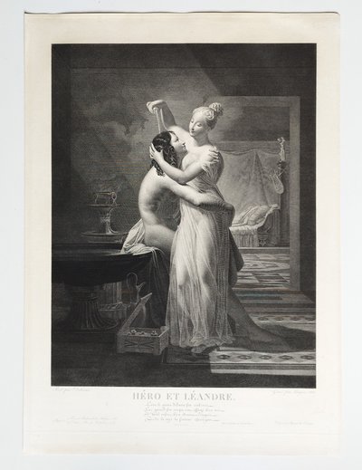 Ero e Leandro, incisione mitologica neoclassica tratta da un'opera di Delorme, XIX secolo.