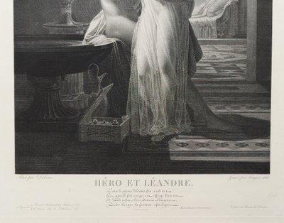 Ero e Leandro, incisione mitologica neoclassica tratta da un'opera di Delorme, XIX secolo.