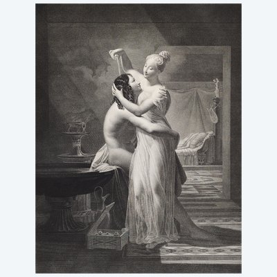 Ero e Leandro, incisione mitologica neoclassica tratta da un'opera di Delorme, XIX secolo.