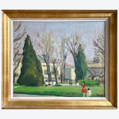 René Ruby (1908-1980) Passeggiatori in un parco
