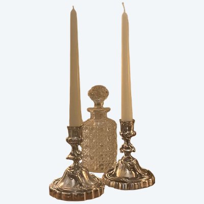 Pair of silvered bronze table candlesticks from the late 19th century