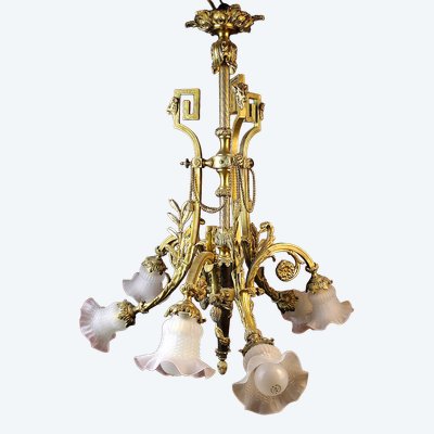Lustre en bronze style Louis XVI à 6 bras de lumière époque 19ème