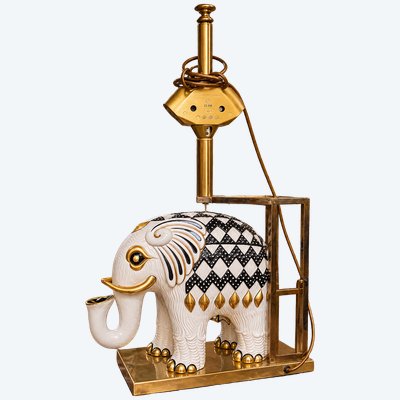 Lampe Éléphant en Porcelaine et Laiton Doré – Attribuée à Giulia Mangani – Italie, Vers 1970 