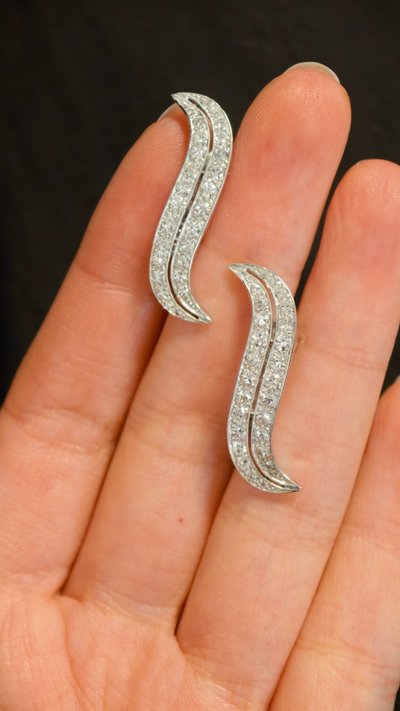 Platinum and Diamond Leaf Earrings, circa 1930–1940