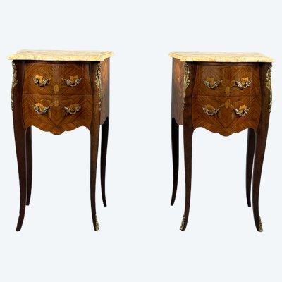 Pair of louis XV-style nightstands in marquetry and marble, 20th century