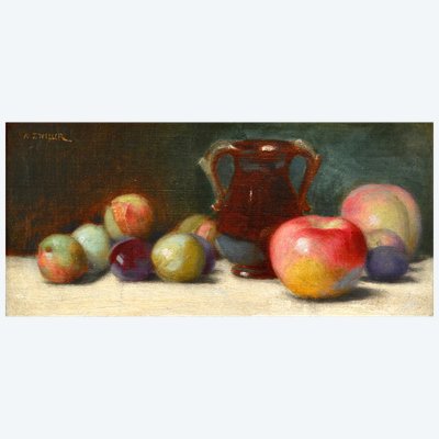 ZWILLER Augustin (1850–1939) „Stillleben mit Pflaumen, Äpfeln und einem Krug“  Elsass Henner Paris