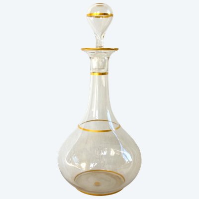 Baccarat crystal decanter with gold-plated ribbing, MG monogram—paper label