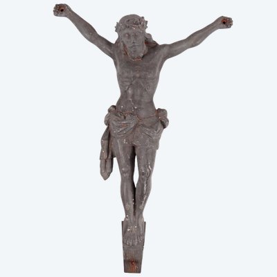 Ancien Corpus du Christ couronné Art Déco sculpture en régule signée E. Vlaminck