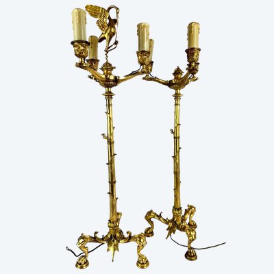 Paire de candélabres à la grue en bronze doré, modèle bambou
