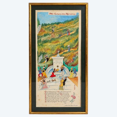 Paul Mirat (1885–1966) – Pau, Fontaine des Marnières – Original gouache and watercolor