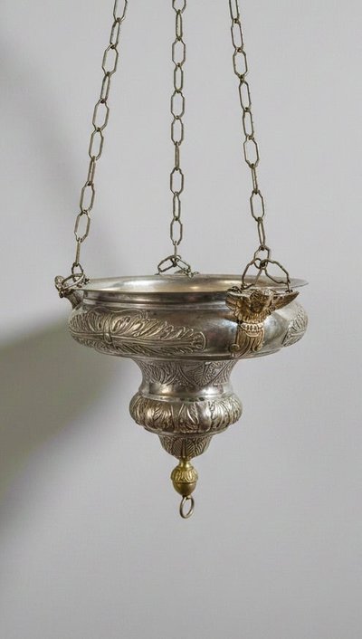 Antique Silver-Plated Brass Sanctuary Lamp with Winged Angel, 130 cm
