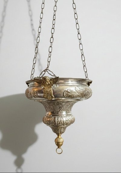 Antique Silver-Plated Brass Sanctuary Lamp with Winged Angel, 130 cm