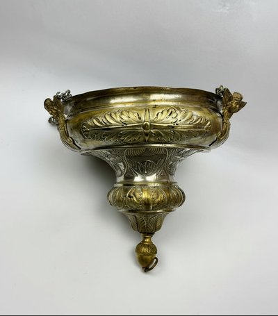 Antique Silver-Plated Brass Sanctuary Lamp with Winged Angel, 130 cm