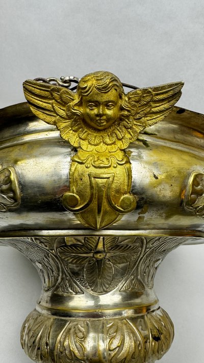 Antique Silver-Plated Brass Sanctuary Lamp with Winged Angel, 130 cm