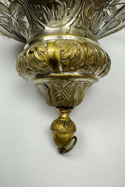 Antique Silver-Plated Brass Sanctuary Lamp with Winged Angel, 130 cm