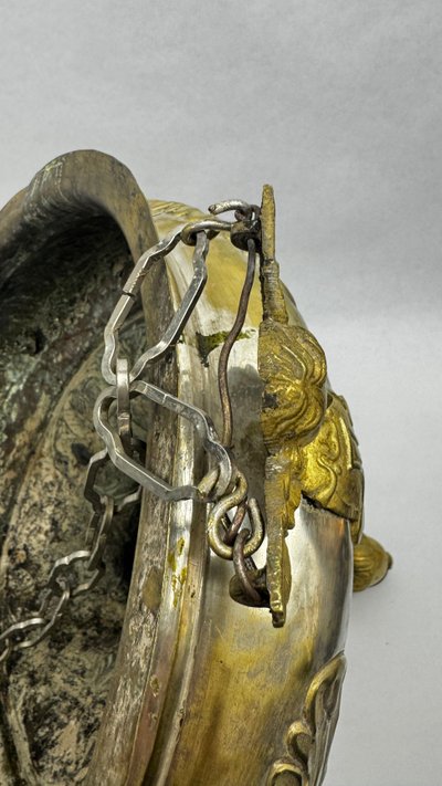 Antique Silver-Plated Brass Sanctuary Lamp with Winged Angel, 130 cm