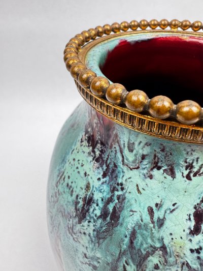 Vase CAB (Céramique d’Art de Bordeaux) – glaçure vert turquoise & rouge-bordeaux