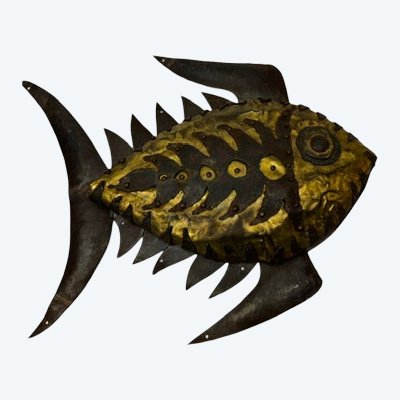 Brutalist-style wall sculpture featuring a gold-plated metal fish and riveted iron