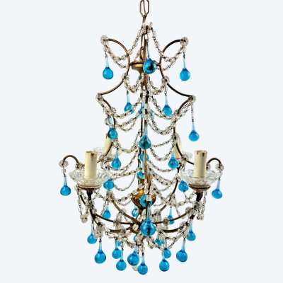 Lampadario italiano a pendenti con perle blu e legno dorato