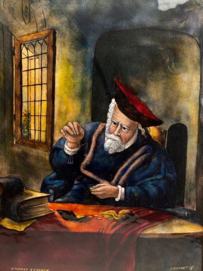 Limoges enamel signed Bonnet – “The Money Changer” after Koninck – large format, 39x45 cm