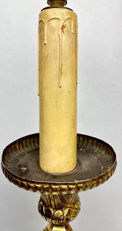 Important 19th-Century Embossed Brass Candle Holder Mounted as a Lamp