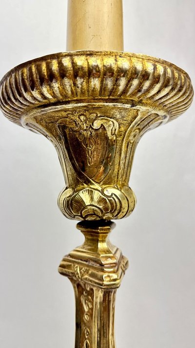 Important 19th-Century Embossed Brass Candle Holder Mounted as a Lamp