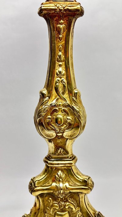 Important 19th-Century Embossed Brass Candle Holder Mounted as a Lamp