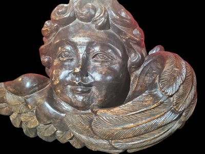 Sculpture XVIIIeme en bois sculpté, tête de chérubin ailée