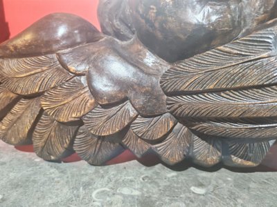 Sculpture XVIIIeme en bois sculpté, tête de chérubin ailée
