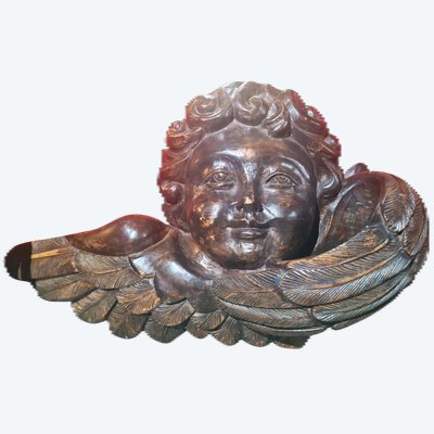 Sculpture XVIIIeme en bois sculpté, tête de chérubin ailée