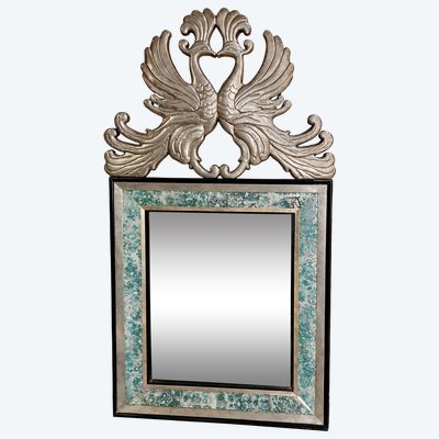 Miroir décoratif aux oiseaux affrontés – Bois argenté et laque – Style Art Déco – XXe siècle 