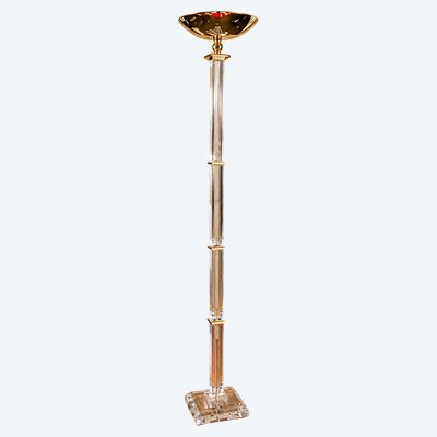 Grande lampada da terra di lusso in lucite e ottone dorato – Stile Hollywood Regency – XX secolo 